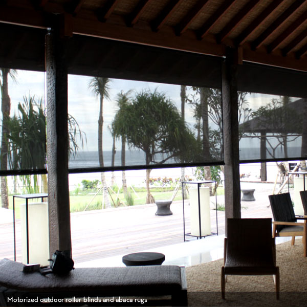 Motorized outdoor roller blinds and abaca rugs